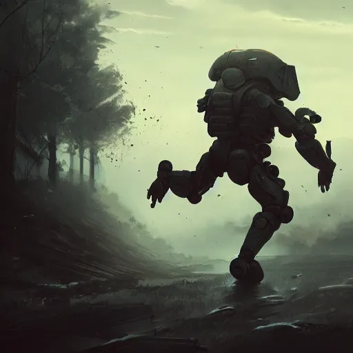 Prompt: a commission of a soldier running away from a giant robot,digital art,photorealistic,greg rutkowski,trevor henderson,deviantart,artstation,detailed face,highly detailed,eerie,4k