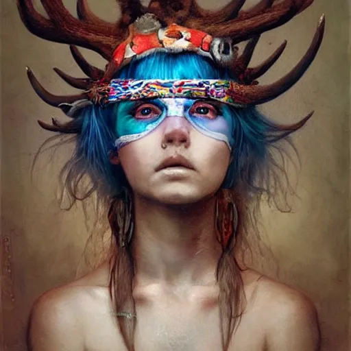 Image similar to A young female shaman blindfolded with a decorated headband, blue hair and antlers on her head, made by Esao Andrews and Karol Bak and Zdzislaw Beksinski