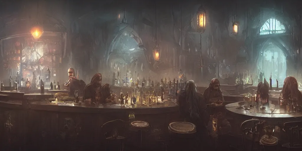 Image similar to dark drinking establishment by bastien lecouffe - deharme and charles bowater, greg rutkowski, bar, pub, adventure game, inspired by diablo concept art