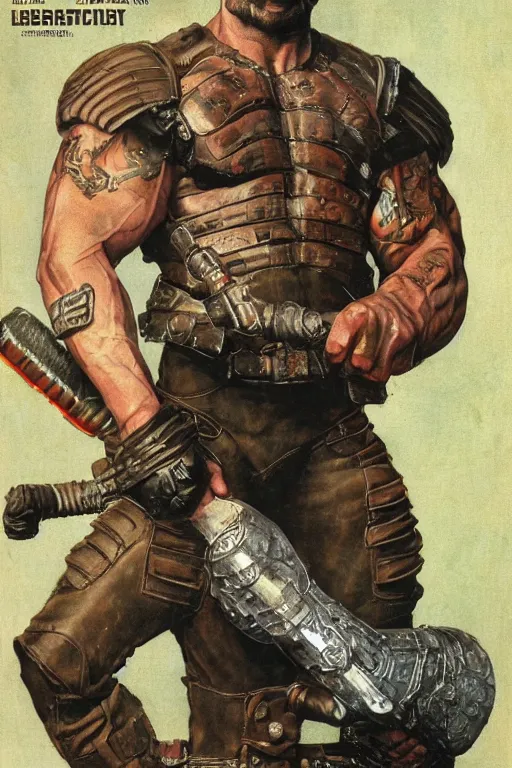 Prompt: upper body portrait of hulking giant dave bautista in combat scifi leather battle armour by norman rockwell
