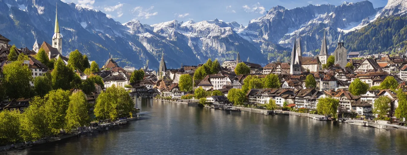 Prompt: Photo of Zurich, looking down the Limmat at the lake and the alps, Hardturm, Grossmünster, wide angle, volumetric light, hyperdetailed, light water, artstation, cgsociety, 8k