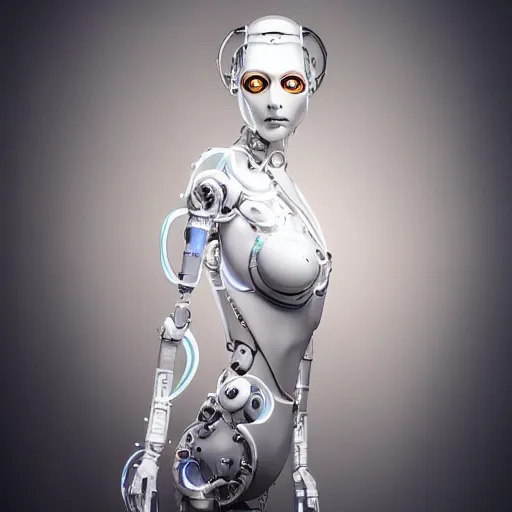 Prompt: beautiful centered fine art photo portrait of romantic beautiful girl as a solarpunk robotic humanoid, white mechanical parts with led lights, pudica pose, photorealistic, white background, highly detailed and intricate, soft box lighting, hdr 8 k