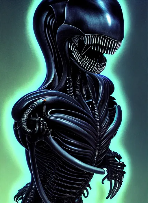 Image similar to profile! portrait of xenomorph, sci - fi, black tech wear, glowing lights! dark, cool colors, acid, intricate, highly detailed, digital painting, artstation, concept art, smooth, sharp focus, illustration, art by h r giger and greg rutkowski