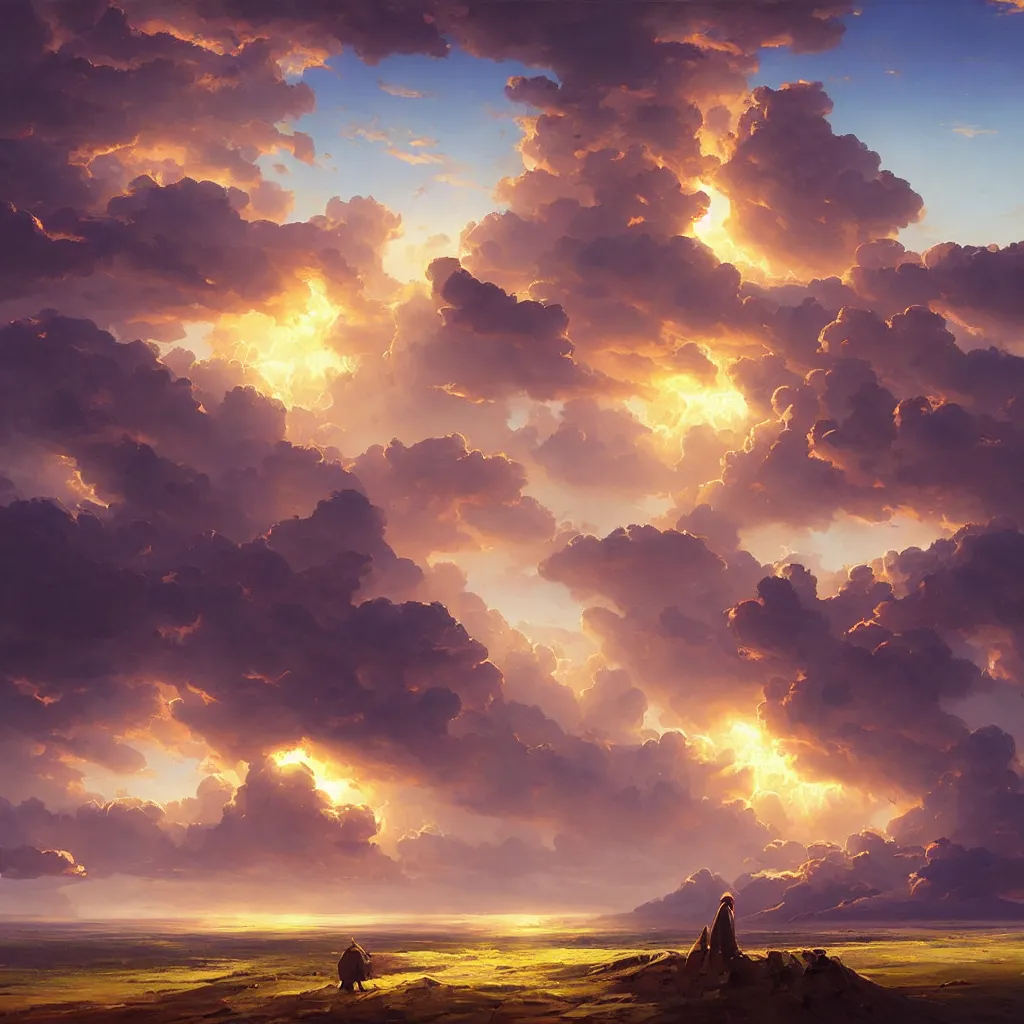 Image similar to a sending down [ of the revelation ] from him who created the earth and the lofty heavens, overdetailed art, by greg rutkowski, by rhads, sharp focus, god looking at me