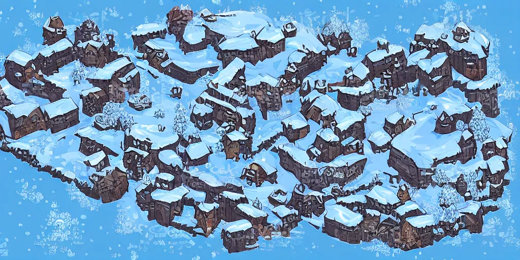 Prompt: a high detailed winter snow ice fantasy bandit camp vector art an aerial view of a cartoonish rpg village by dungeondraft, dofus, patreon content, hd, straight lines, vector, grid, dnd map, map patreon, fantasy maps, foundry vtt, fantasy grounds, aerial view, dungeondraft, tabletop, inkarnate, dugeondraft, roll 2 0