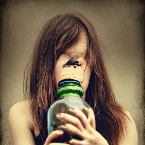 Image similar to lomo photograph, intricate detail, hyper detail, woman, very tired, full body potrait holding bottle, hazel green eyes, realistic, highlydetailed, natural, masterpiece, sharp focus,