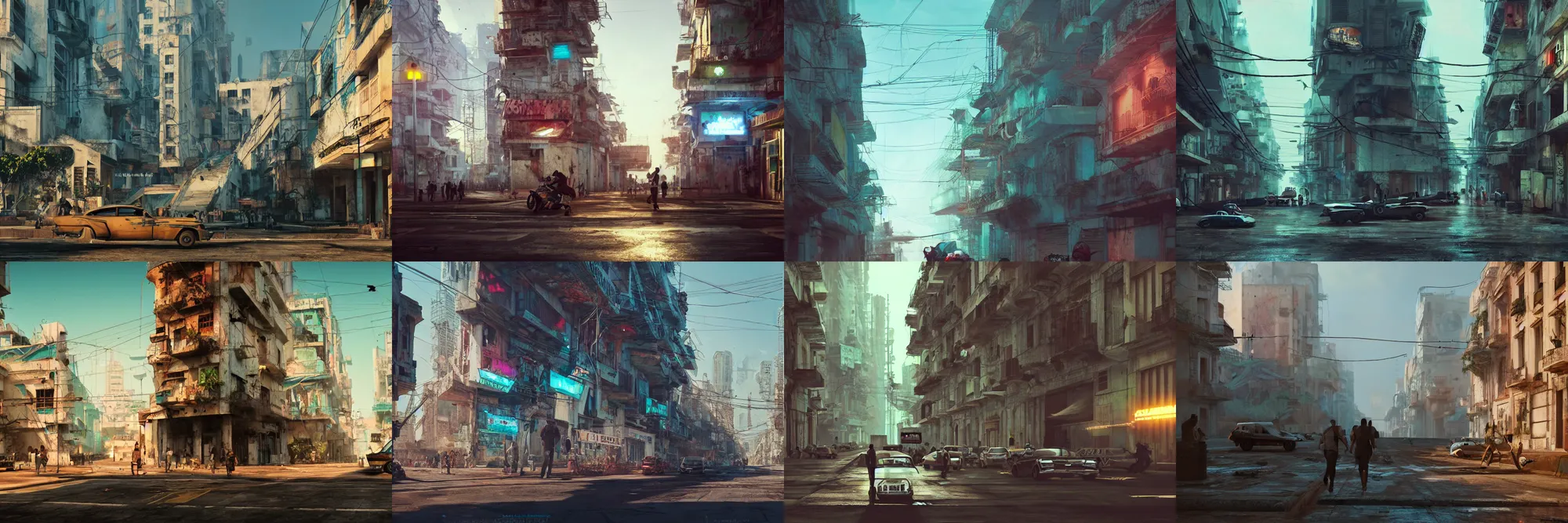 Prompt: La Habana, year 2049, cyberpunk, extremely realistic, highly detailed, concept art, trending on artstation, depth of field, moment cinebloom filter, cinematic color,