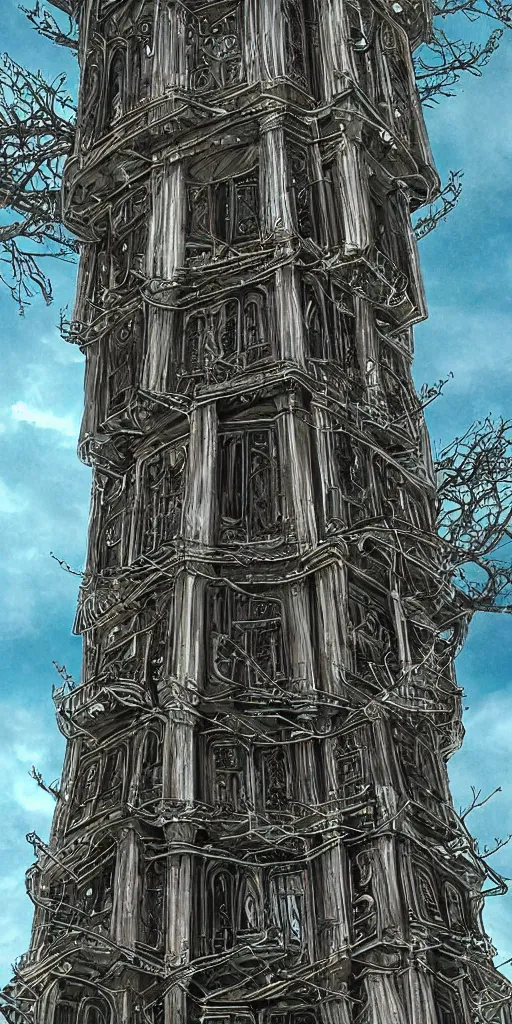 Prompt: elven architecture, tower made of silver, beautiful, tall, digital art