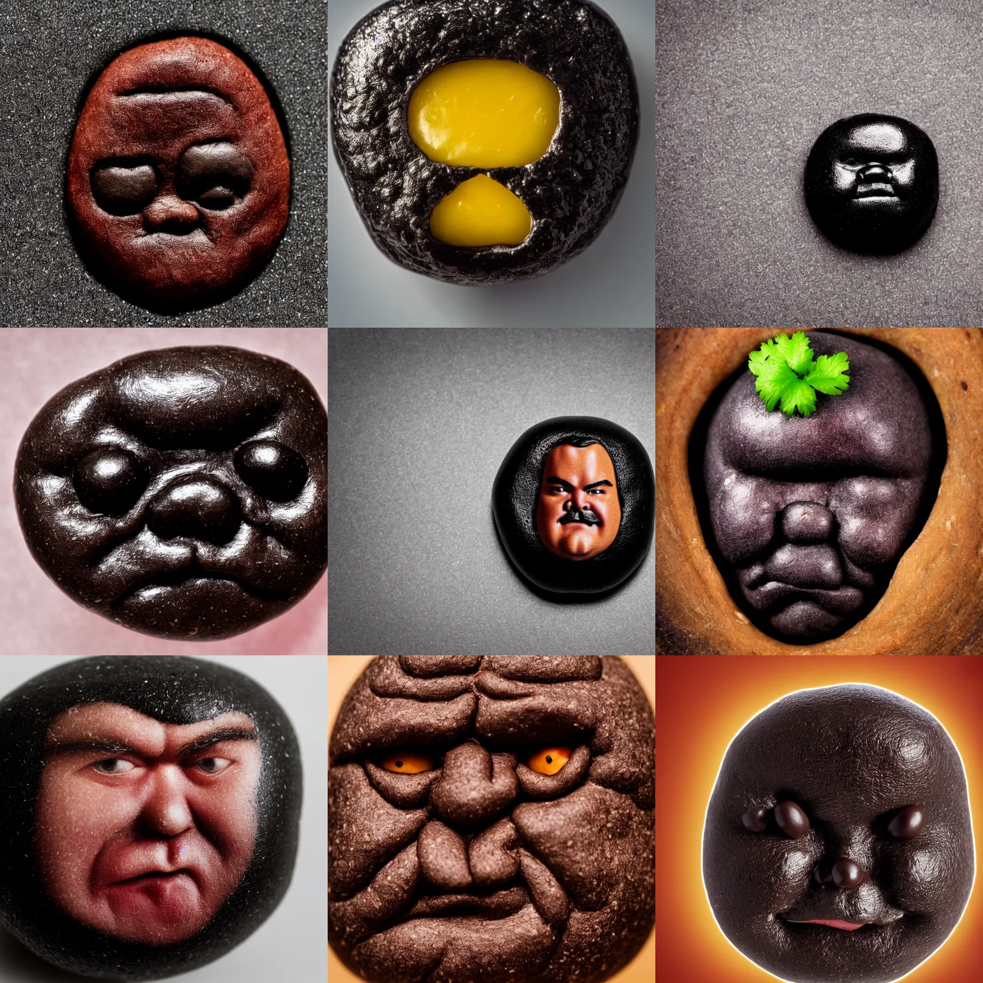 Prompt: a black bean with the face of jack black on it, macro shot