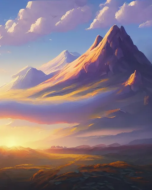 Image similar to a painting of a landscape with mountains and clouds, a matte painting by rhads, behance contest winner, fantasy art, 2 d game art, matte painting, concept art