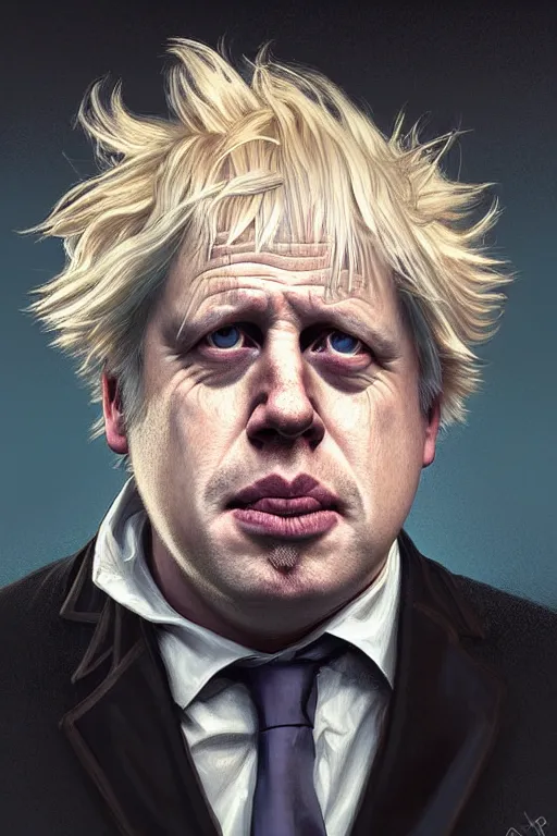 Image similar to Boris Johnson as Rick Sanchez, realistic portrait, symmetrical, highly detailed, digital painting, artstation, concept art, smooth, sharp focus, illustration, cinematic lighting, art by artgerm and greg rutkowski and alphonse mucha