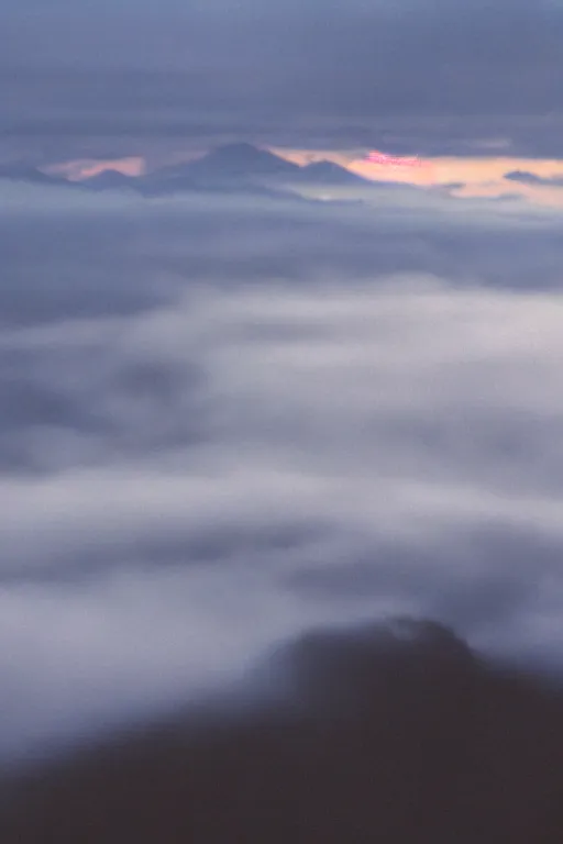 Prompt: film still of extreme close-up at young woman smile, fog, mountains in distance, 35mm