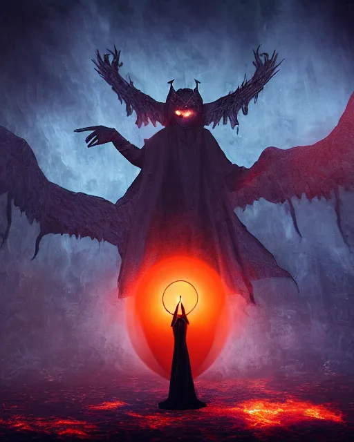 Prompt: matte painting of floating mage summoning a demon in the middle of dark room, demon is emerging from a fiery portal, vibrant colors, gothic, horror, high production value, intricate details, high resolution, hdr, high definition, masterpiece, realistic, ultrarealistic, highly detailed, hd, sharp focus, non blurry, sharp, smooth