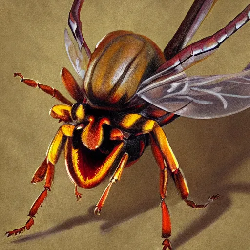 Prompt: a flaming hornet insect, concept art, intricate detail, firey, angry, realistic, painting
