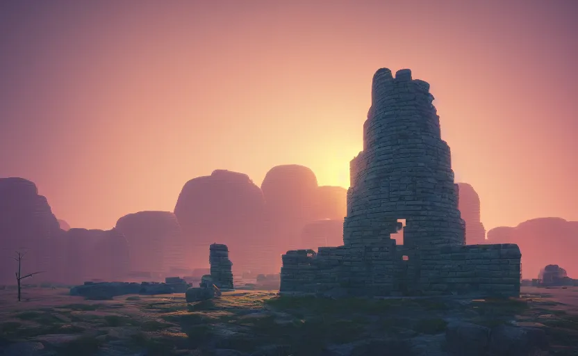 Prompt: A landscape with a giant stone brick tower with pillars on top at sunset, Low level, rendered by Beeple, Makoto Shinkai, syd meade, simon stålenhag, environment concept, synthwave style, digital art, unreal engine, WLOP, trending on artstation, 4K UHD image, octane render,