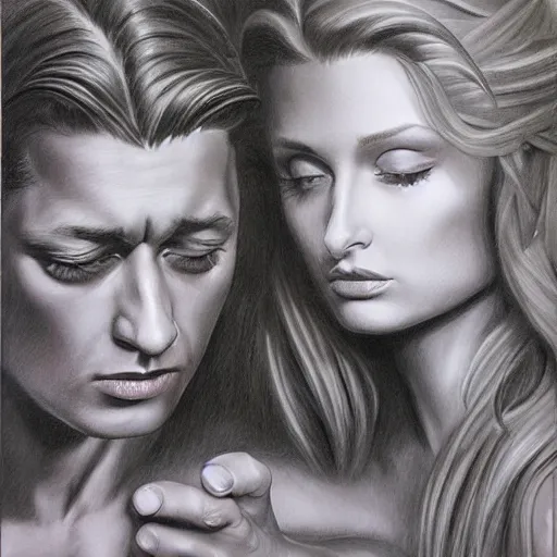 Image similar to pencil art, detailed portrait of aly and aj, intricate, hyper detailed, realistic, oil painting, by julie bell, frank frazetta, cinematic lighting