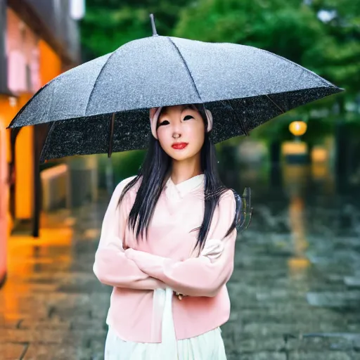 Image similar to centered portrait of beautiful Kawai Japanese girl posing in the rain