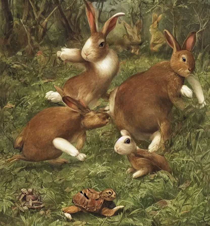 Prompt: a beautiful portrait of a rabbit and a turtle competing athletes running in a forest, beksinskil