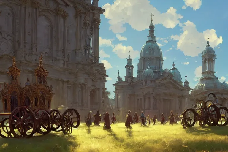 Prompt: an mobile ornate baroque church on chain wheels, scene in an open field. key visual, conceptart, ambient lighting, highly detailed, digital painting, artstation, concept art, sharp focus, by makoto shinkai and akihiko yoshida and greg manchess