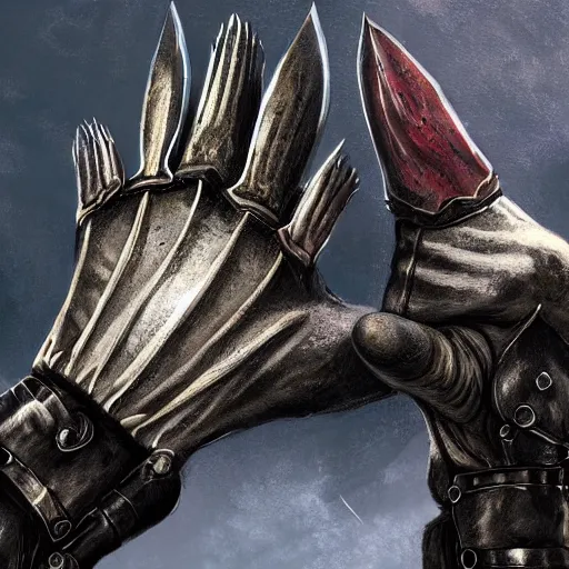 Image similar to metal claws on gloves, weaponized gauntlett, old gloves with attached talons, pointy fingertips, dark background, highly detailed, 8 k, trending on artstation, mystic, rpg artwork, by peter jackson, by sauron