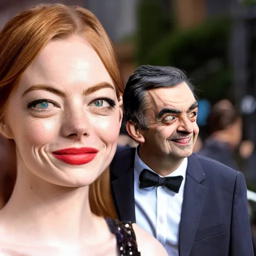 Prompt: Mr Bean dating Emma Stone, TMZ, XF IQ4, f/1.4, ISO 200, 1/160s, 8K, Sense of Depth, color and contrast corrected, Nvidia AI, Dolby Vision, symmetrical balance, in-frame