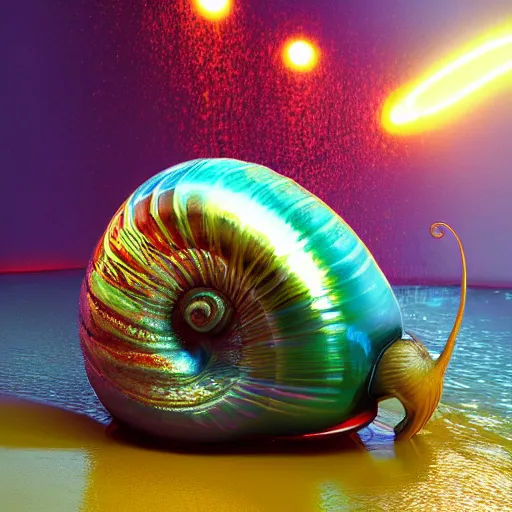 Image similar to snail with shell. made out of chrome. burning water. intricate artwork by Tooth Wu and wlop and beeple. psychedelic colors. octane render, cinematic, hyper realism, octane render, 8k, depth of field