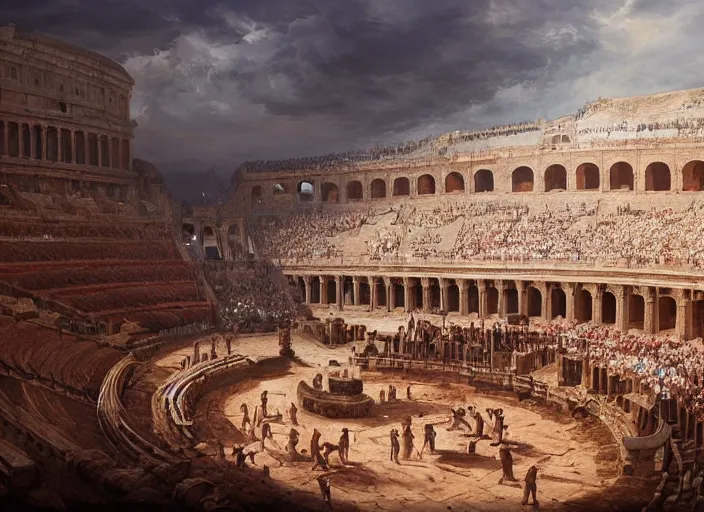 Prompt: a historical depiction of an epic scene at the roman coliseum filled with dueling gladiators, in the style of greg rutkowski, andrea pozzo, digital painting, unreal engine, extremely detailed masterpiece
