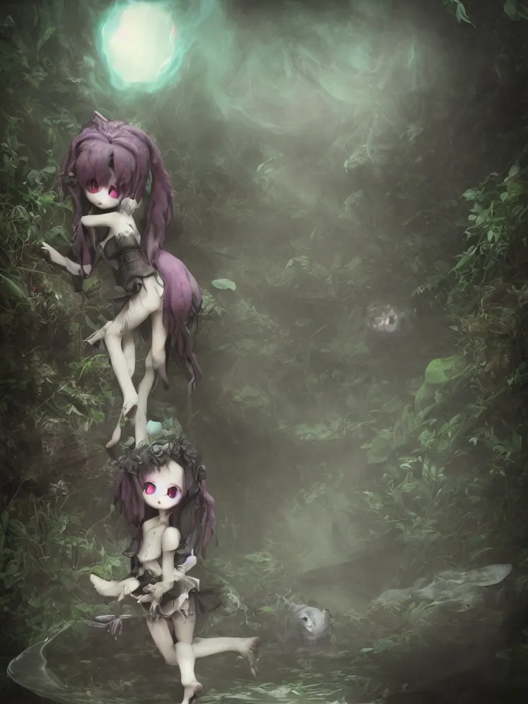 Image similar to cute fumo plush of a frail cursed witch girl wandering the depths of the forbidden jungle, gothic wraith maiden, wispy smoke and volumetric fog, beyond the mirror, asymmetric beauty, vignette, vray