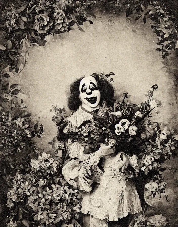 Prompt: a clown, birds, flowers. baroque elements. Vintage 1800s photograph.