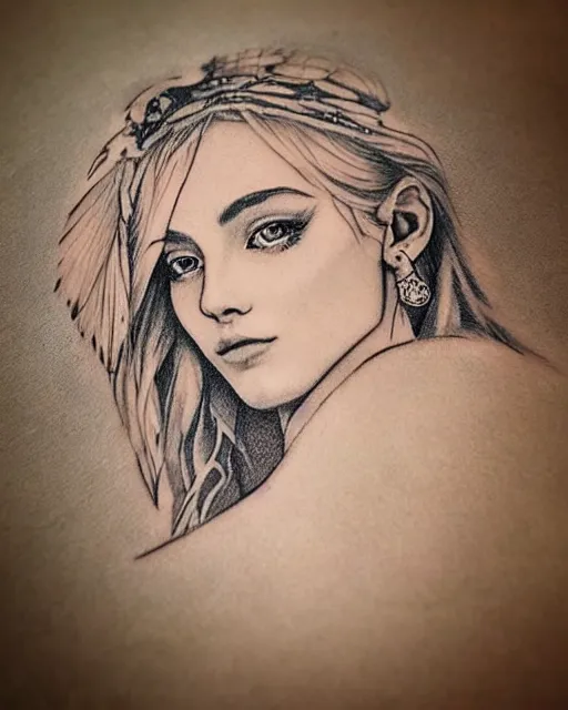 Image similar to tattoo sketch of beautiful greek goddess aphrodite with arrowhead earrings and beautiful feather jewelry, beautiful piercing eyes, beautiful blonde hair, hyper realistic face, in the style of greg rutkowski, fantasy, amazing detail, epic, elegant, smooth, sharp focus, from the front