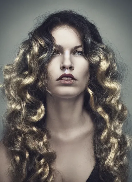 Prompt: dramatic photo of a woman with super wavy snake marble hair. moody and melanchonic. with a bit of gold