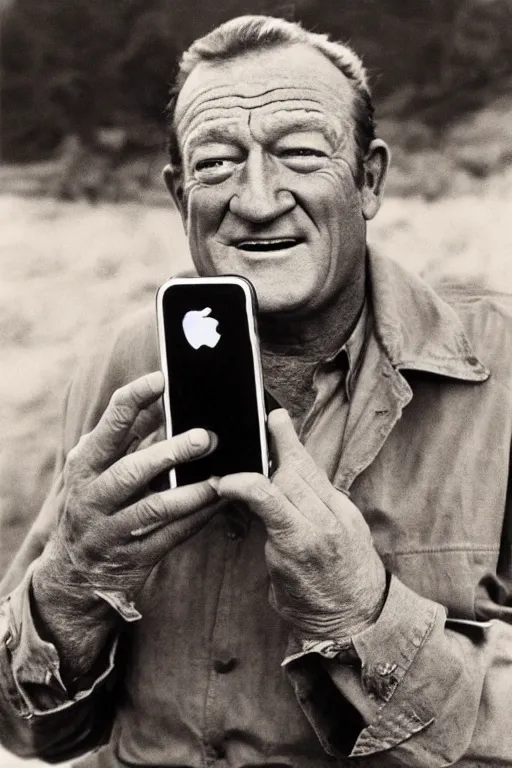 Image similar to john wayne using an iphone, photo