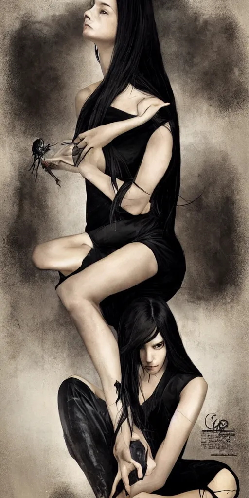 Image similar to character poster of young girl with straight long black hair wearing black dress sitting in bathroom floor, poster by artgem, greg rutkowski and mario testino