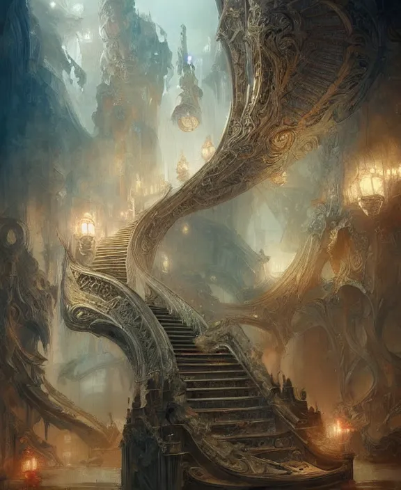 Prompt: stairway to heaven, fantasy, intricate, elegant, highly detailed, digital painting, artstation, concept art, art by artgerm and and ruan jia