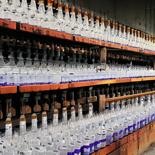 Image similar to a set of bleachers, with bottles of bleach stacked neatly on the benches