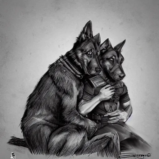 Prompt: two humanoid german shepherds beast - men, sitting on a couch and hugging together in military style, artstation.