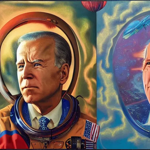 Image similar to surreal portrait of joe biden as psychedelic 1 9 2 0 s astronaut, by j. c. leyendecker, bosch, alex grey, jon mcnaughton, and beksinski