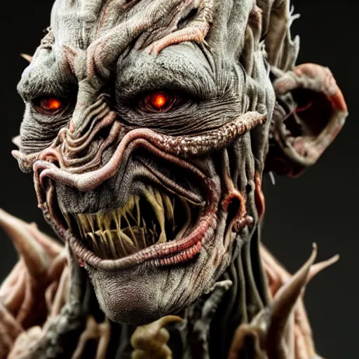 Image similar to photo taken of an epic intricate, ultra detailed, super realistic gritty, terrifying, lifelike sculpture of a nightmarish hellish ghoulish creature design created by weta workshop, zoomed in shots, photorealistic, sharp focus, white wall coloured workshop, cold colour temperture, f 0. 4, face centred