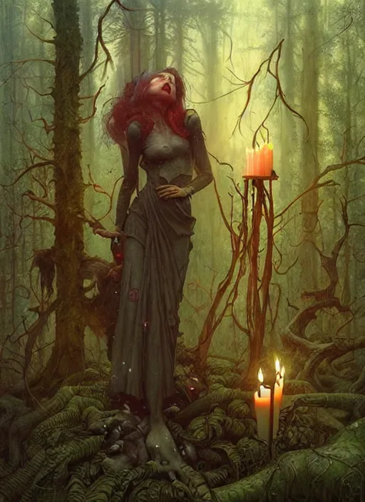 Image similar to a hyper realistic witch shrine, candles, in the woods, distant explosions, gorgeous lighting, lush forest foliage, painting by chiara bautista and tom bagshaw, mucha, beksinski and norman rockwell and greg rutkowski weta studio, and lucasfilm