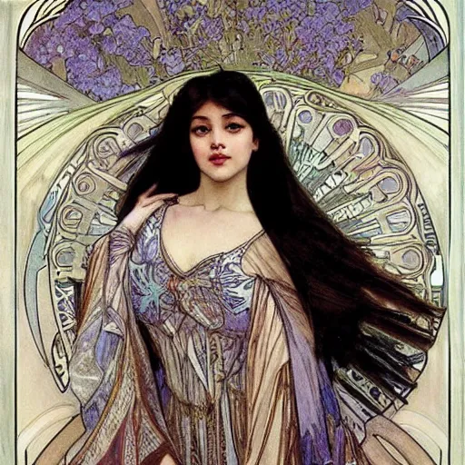 Prompt: a beautiful painting of liza soberano by Alphonse Mucha and by Mark Brooks and by john william waterhouse and by arthur rackham, Art Nouveau, Neo-Gothic, gothic, award winning painting, hyperdetailed, detailed