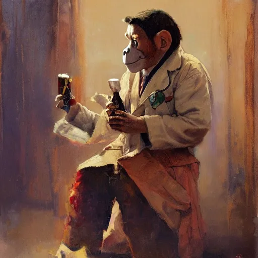 Prompt: portrait of a monkey doctor, artwork by gaston bussiere, craig mullins, trending on artstation, monkey dressed as a scientist, using googles and wearing a doctor coat