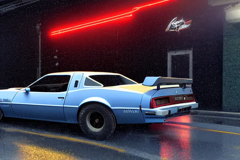 Image similar to hyperdetailed, photorealistic photograph of a 1 9 8 2 pontiac firebird trans - am drifting in the streets, rain, night, dense fog, hd, unreal engine 5 by greg rutowski, by stanley artgerm, by alphonse mucha