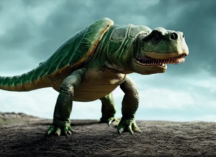 Image similar to film still of real life dinosaur turtle yoshi in the new sci - fi movie, 8 k