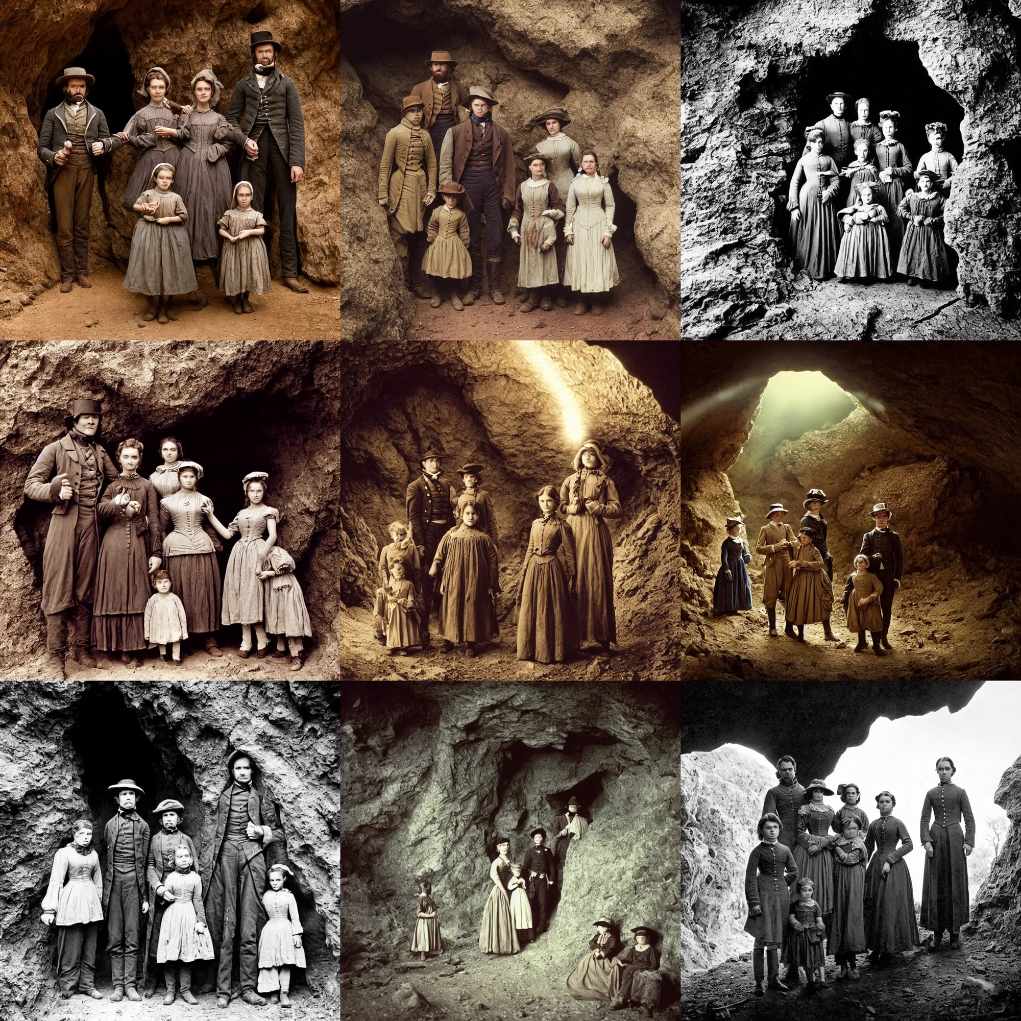 Prompt: sharp, highly detailed, film from a sci fi 3 2 k color movie, set in 1 8 6 0, family standing outside a cave on a strange alien planet, looking happy, wearing 1 8 5 0 s era clothes, atmospheric lighting, in focus, reflective eyes, 3 5 mm macro lens, live action, nice composition, good photography