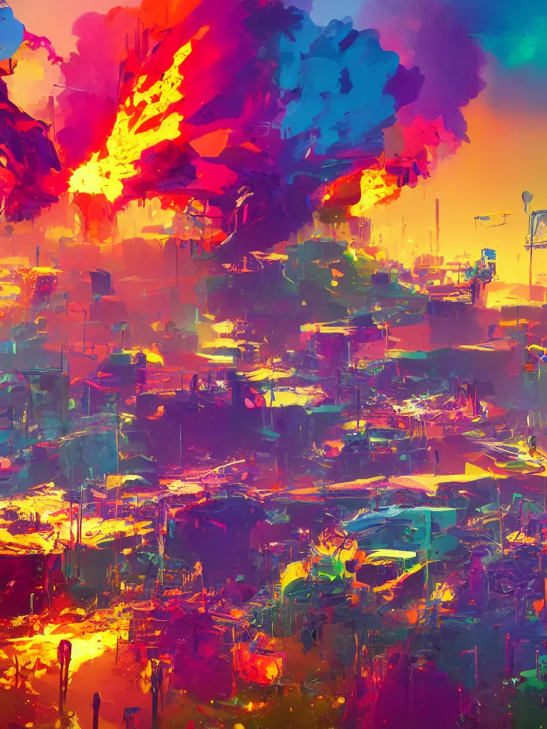 Prompt: a colorful explosion, color splashes in a painting from stalenhag, 4 k, 8 k, hdr, artstation, concept art