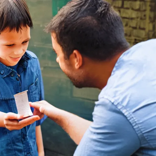 Image similar to a child exchanging a ticket for a coin from an adult, photorealistic