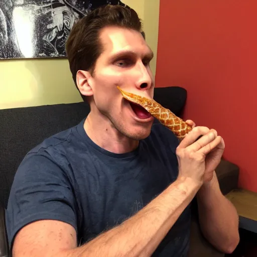 Image similar to Jerma eating a taco bell burrito like a snake, his jaw is unhinged and he has swallowed half of the burrito whole