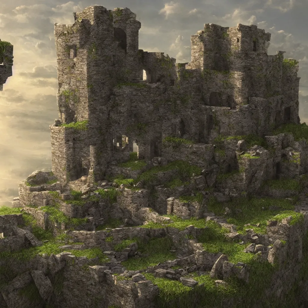 Image similar to looking up at a ruined castle on a small island only reachable by a small land bridge, 8 k, ultra realistic cinematic, intricate, cinematic light, concept art, illustration, art station