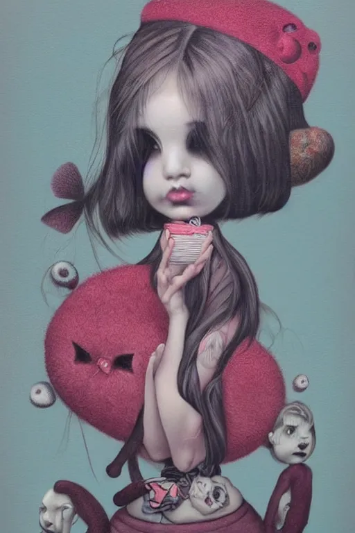 Image similar to pop surrealism, lowbrow art, realistic cute girl painting, japanese street fashion, hyper realism, muted colors, mark ryden, trevor brown style