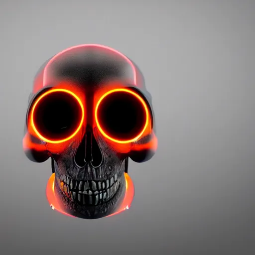 Image similar to real human skull with robotic circular orange light electronic eyes in eye sockets, cyberpunk, futurism